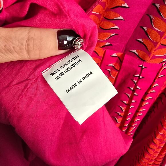 eShakti Pink Orange Leaf Print Cotton Midi Dress Fit & Flare Lined Plus Size - Picture 4 of 7